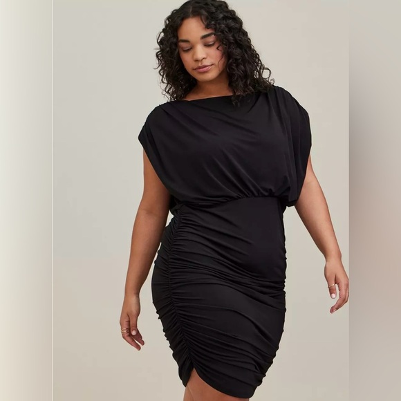 TORRID 2 Plus Size Mini Studio‎ Knit Ruched Dress Black Blouson Sheath Party 2X - Picture 1 of 12